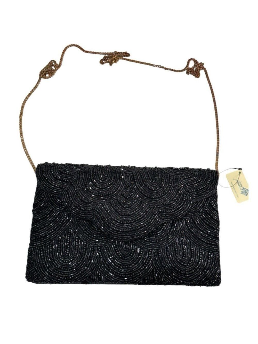 NWT Jane Marie Black Scallop Beaded Bag Clutch Crossbody Purse 9.5”